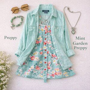 Ralph Lauren Girls Preppy Outfit Set 6X Mint Floral Dress + Denim Shirt + Access